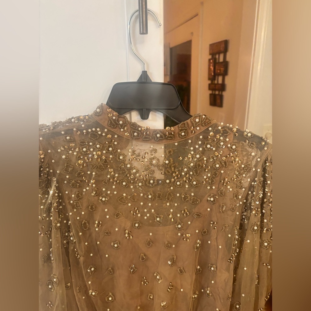 Farm Rio embellished tulle long sleeve blouse in caramel tan beaded - Picture 4 of 8